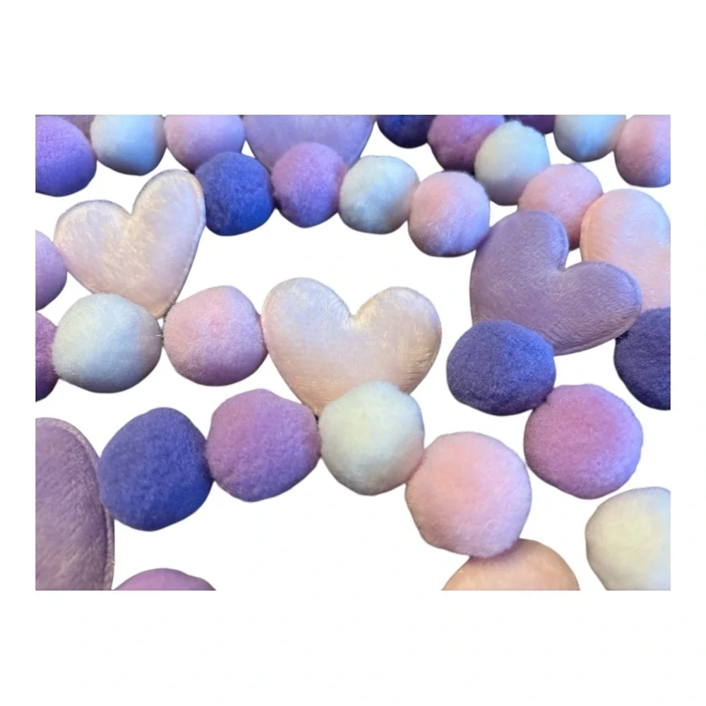 14 ft Valentine's Day Light Pink White & Purple Pom Pom Garland Handmade on Cord